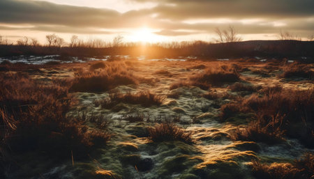 Serene sunset over a mossy moorland. Golden hour light bathes the landscape.の写真素材
