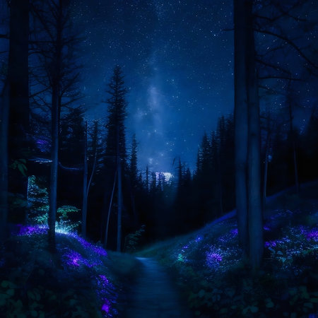 A magical forest path at night under a starry sky.の写真素材