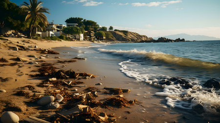 Peaceful beach houses by the sea. Waves gently caress the sandy shore.