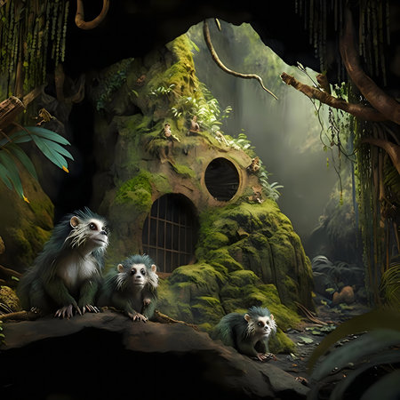 Three adorable monkeys by a mossy cave in a lush jungle. Digital painting.