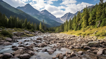 Majestic mountains, a flowing river, and lush forest create a breathtaking natural scene.の写真素材
