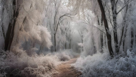 A magical winter scene of a frosty forest path. The trees and ground are covered in snow and frost, creating a serene and peaceful atmosphere.の写真素材