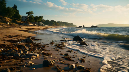 Sunrise over a beautiful, yet polluted beach. Waves crash on the shore, leaving behind trash and...