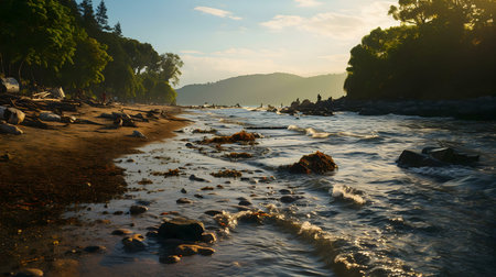 Peaceful coastal scene at sunset. Golden light bathes the beach and ocean.