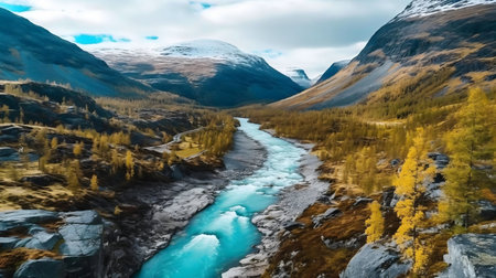 Stunning aerial view of a turquoise river flowing through a mountain valley in autumn.の写真素材