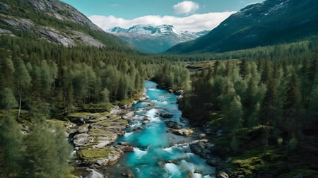 A breathtaking aerial view of a vibrant turquoise river cutting through a lush green forest, nestled amongst towering snow-capped mountains.の写真素材