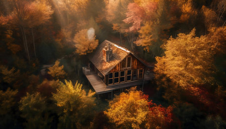 Aerial shot of a charming wooden cabin nestled amidst vibrant autumn foliage.の写真素材