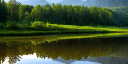 A tranquil river reflects a lush green forest and mountains. Serenity personified.