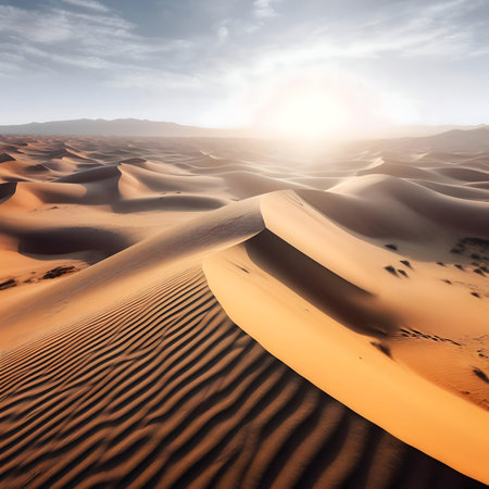 Sunrise paints the Sahara Desert in golden hues, highlighting the beauty of the rolling sand dunes.の写真素材