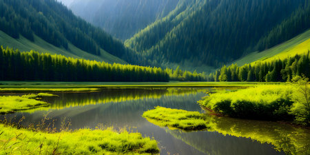 Stunning mountain lake with perfect reflection. Peaceful nature scene.の写真素材