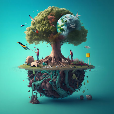 Children cleaning a polluted island. A giant tree with the earth intertwined symbolizes the harmony between humans and our planetの写真素材