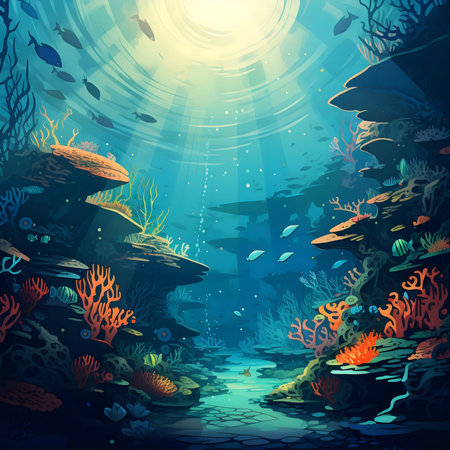 Stunning underwater scene of a coral reef, sunlight beams, and abundant marine life.の写真素材