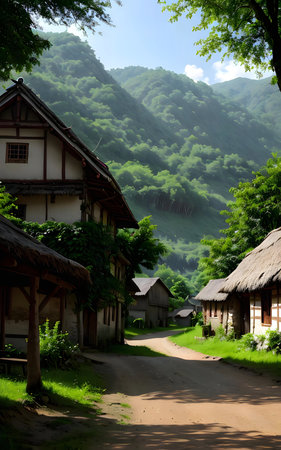 Picturesque mountain village with charming houses and a tranquil path.の写真素材