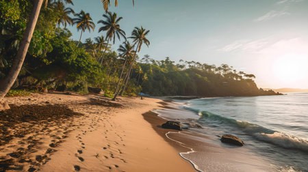 Stunning sunrise view of a pristine tropical beach. Palm trees line the shore and gentle waves roll in.の写真素材