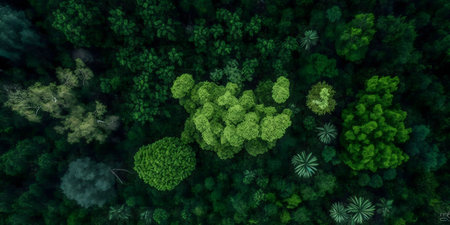 An overhead shot showcasing a dense forest with vibrant green foliage.