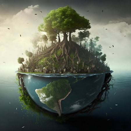 A digital artwork showing a world where nature reclaims urban spaces, symbolizing sustainability and environmental harmonyの写真素材