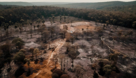 Drone shot showing the aftermath of a forest fire. Charred trees and barren land depict the scale of the environmental damage.の写真素材