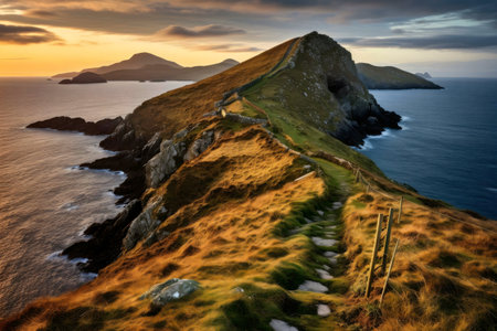 Stunning sunset over the dramatic Irish coastline. A winding path leads to a breathtaking ocean view.の写真素材