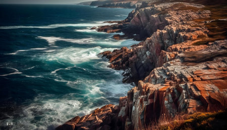Stunning coastal scene with powerful waves crashing against dramatic cliffs. The rugged beauty of the coastline is captured in vibrant colors.の写真素材