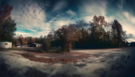 A panoramic view of an empty autumnal landscape. Fallen leaves cover the ground.