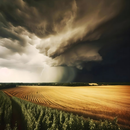 A breathtaking view of a dramatic thunderstorm over a vast golden field. Lightning strikes amidst heavy, dark clouds.の写真素材