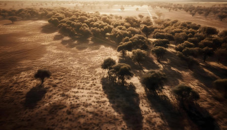 Aerial view of trees at sunrise, bathed in golden light. Peaceful atmosphere.の写真素材