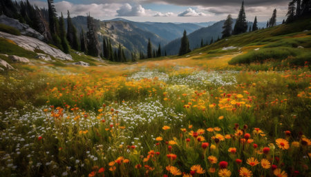 Wildflowers bloom in a mountain meadow.の写真素材