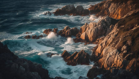 Waves crash against rocky cliffs at sunset. Dramatic seascape.の写真素材