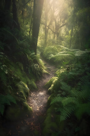 A sunlit path winds through a mystical forest, lush with ferns and moss.