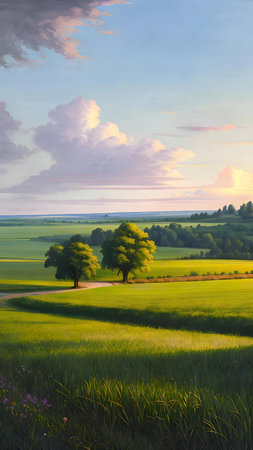 A picturesque summer sunset over a tranquil countryside. Lush green fields, trees, and a calm sky create a peaceful atmosphere.の写真素材