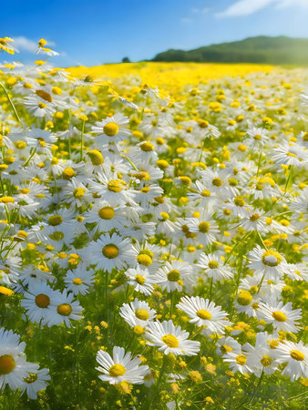 A captivating image of a vast field abundant with daisies, bathed in sunlight against a vivid blue sky.の写真素材