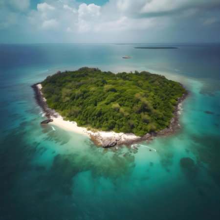 Stunning aerial shot of a secluded tropical island, showing lush greenery, pristine beaches, and vibrant turquoise waters.の写真素材