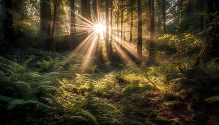 Sunbeams piercing through a dense forest, illuminating ferns and creating a magical atmosphere.