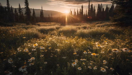 Stunning sunset over a field of daisies. Golden light illuminates the scene.の写真素材