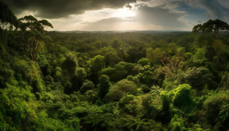 Stunning aerial shot of a vibrant rainforest at sunset. Lush green canopy bathed in golden light.の写真素材