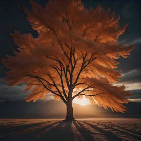 A single tree at sunset, casting a long shadow on snowy ground, with mountains in the background.の写真素材