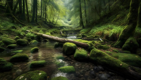 A serene forest stream flows over mossy rocks. Lush greenery and tranquil atmosphere.