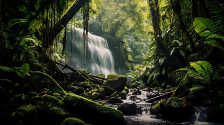 Tranquil rainforest waterfall cascading down mossy rocks, creating a serene atmosphere.の写真素材