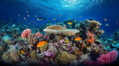 Stunning underwater scene of a thriving coral reef with diverse fish.の写真素材