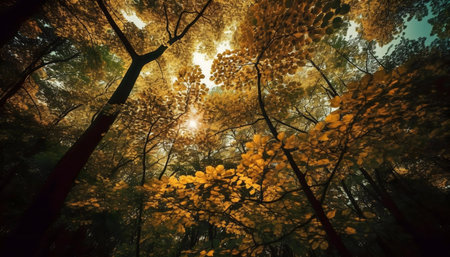 Sunlit autumn leaves create a golden canopy in a serene forest.の写真素材