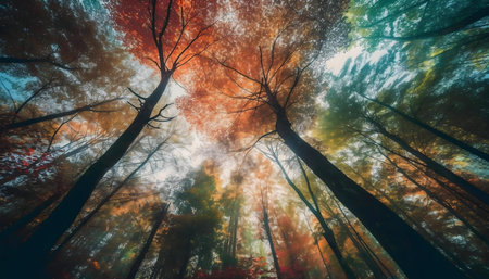 A breathtaking autumn forest scene, showcasing vibrant foliage and a mystical atmosphere.