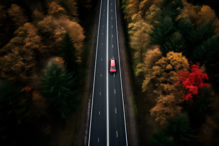 Red car on an asphalt road in autumn forest.の写真素材