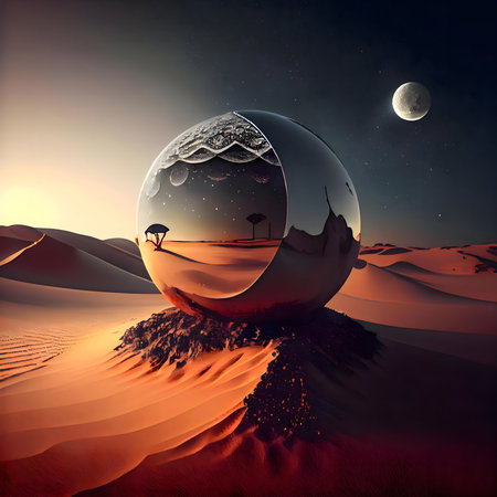 A metallic sphere in a desert reflects a tranquil scene, contrasting with the harsh landscape. Surreal and dreamlike.の写真素材