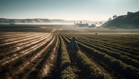 A lone farmer walks through rows of crops at sunrise. Misty hills in the background.の写真素材