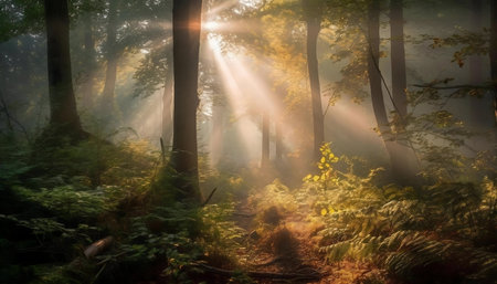 Sun rays illuminate a misty forest path. Serene and magical.の写真素材