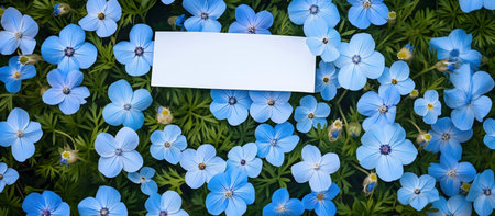 Lovely blue flowers with a blank note perfect for your message.の写真素材
