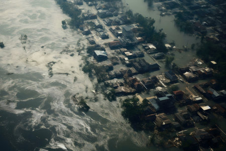 Devastating flood aftermath. Aerial view shows houses submerged in water.の写真素材