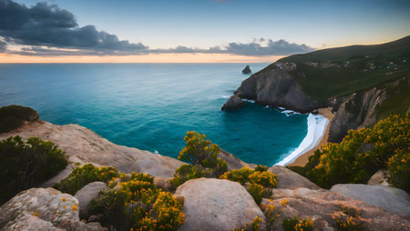 Stunning sunset over a secluded cove, turquoise waters meet a golden sandy beach.の写真素材