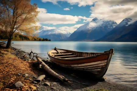 Picturesque lake view with a wooden boatの写真素材