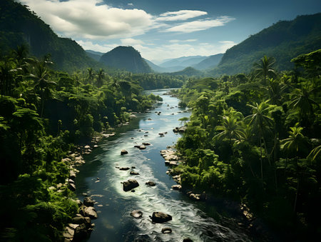 A tranquil river flows through a lush tropical valley, surrounded by vibrant green mountains and palm trees.の写真素材